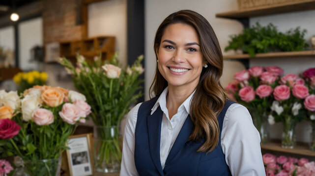 A smiling florist stands proudly amidst vibrant flower arrangements in her shop, showcasing her passion and expertise.