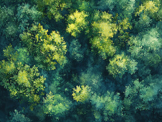 An aerial view of a dense forest canopy. abstract watercolor paintings.