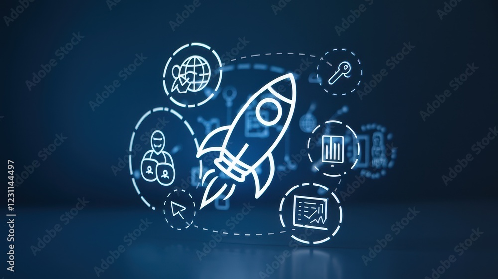 Poster digital business startup launch: rocket icon surrounded by key business elements