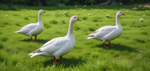 Obraz premium Plump white geese grazing peacefully on lush green meadow, field, poultry