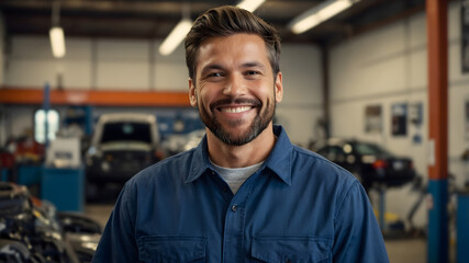 A smiling mechanic stands proudly in his well-equipped auto repair shop, ready to tackle any vehicle challenge.