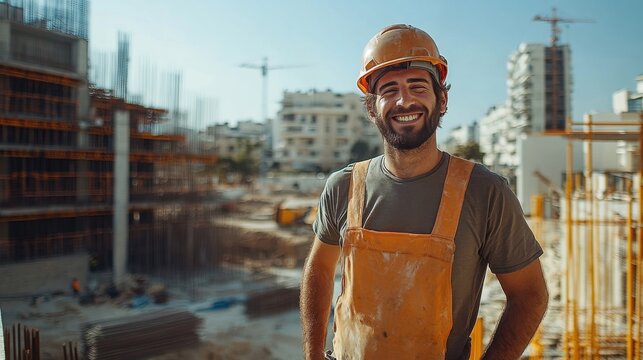 A 40-year-old Israeli man, a construction worker with a safety helmet, wearing shoes, walking around a large construction site - Powered by Adobe