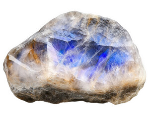 stunning moonstone rock with captivating blue sheen, isolated on transparency background, showcasing its unique crystal structure and natural beauty