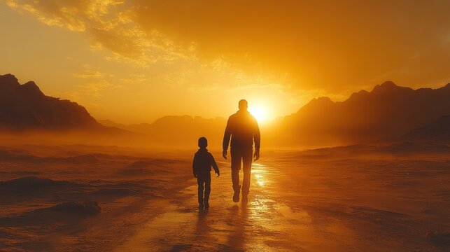 Father and Son Walking Towards Sunset in a Mountainous Landscape