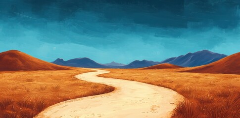 Winding Road Through Golden Grasslands Under a Blue Sky