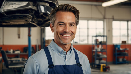 Fototapeta premium A smiling auto mechanic stands proudly in his well-equipped workshop, ready to tackle any repair challenge.