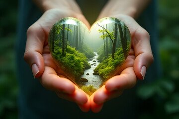 The Heart of Earth, Surreal Earth heart, nature elements, rivers and forests, eco-conscious, glowing energy, soft hands holding, mystical lighting, high detail, dreamlike atmosphere