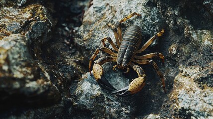 Detailed Close-Up of a Scorpion Climbing on Rocky Surface