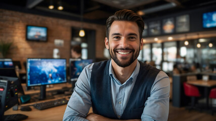 Fototapeta premium Smiling businessman in a modern office setting, showcasing confidence and success.