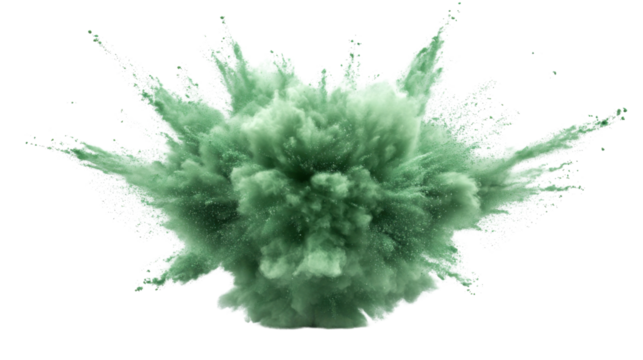 Green powder exploding creating a cloud on transparent background