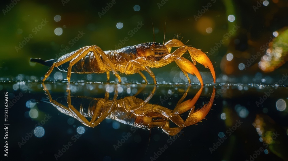 Poster macro shot of a scorpion with reflections on wet surface