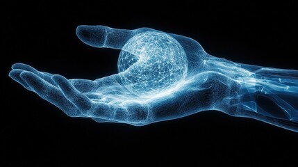 A glowing X-ray view of a human hand holding a surreal radiant sphere