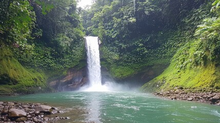 Tranquil Waterfall Surrounded by Lush Green Jungle Landscape