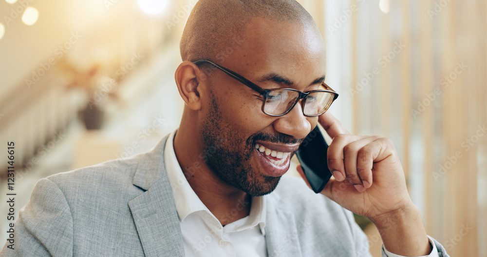 Poster office, business and black man with phone call for talking, communication and schedule for meeting. 
