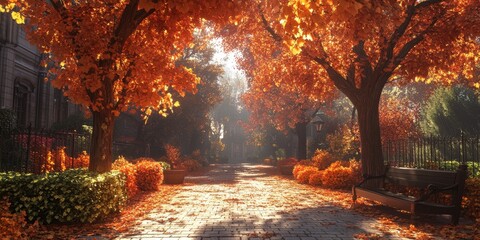 Serene Autumn Pathway Surrounded by Vibrant Orange Foliage