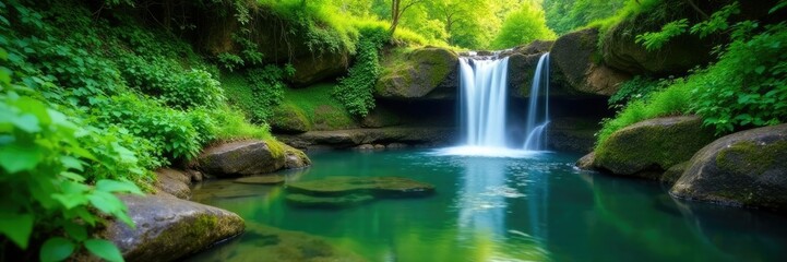 Obraz premium Serene water feature in lush green surroundings, foliage, peaceful