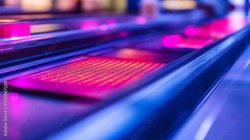Poster closeup of automated conveyor belt with illuminated data screen