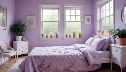 A serene bedroom with soft lavender walls and minimalist decor, the HD camera capturing the tranquil and calming ambiance of the space.
