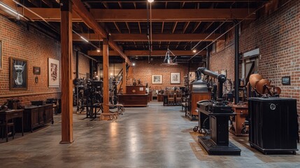 Vintage Industrial Workshop Interior with Antique Machinery and Tools