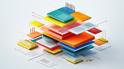 Abstract Colorful Data Visualization: A 3D Isometric Composition of Interconnected Layers and Information Blocks