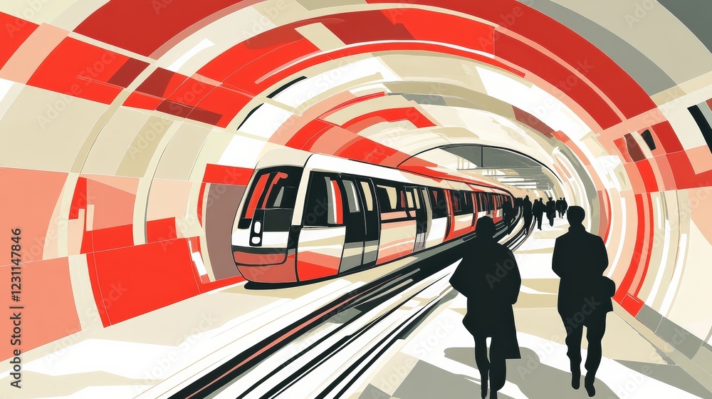 Poster abstract representation of a subway scene with commuters walking towards a train in a colorful tunne