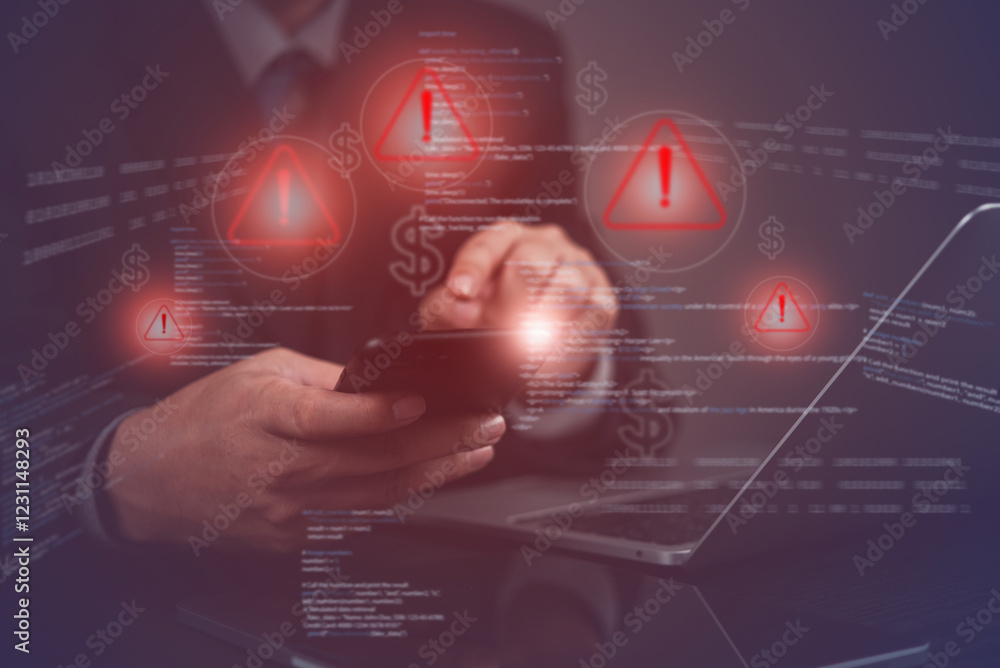Poster businessman hand using a smartphone with warning and financial risk data. cybersecurity hacking thre