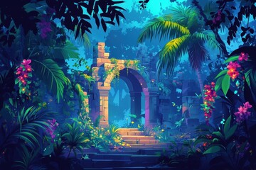 Ancient Ruins Overgrown by Lush Tropical Plants