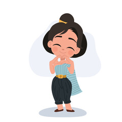 Cute Thai girl in elegant traditional outfit making a heart gesture, celebrating Songkran festival with happiness