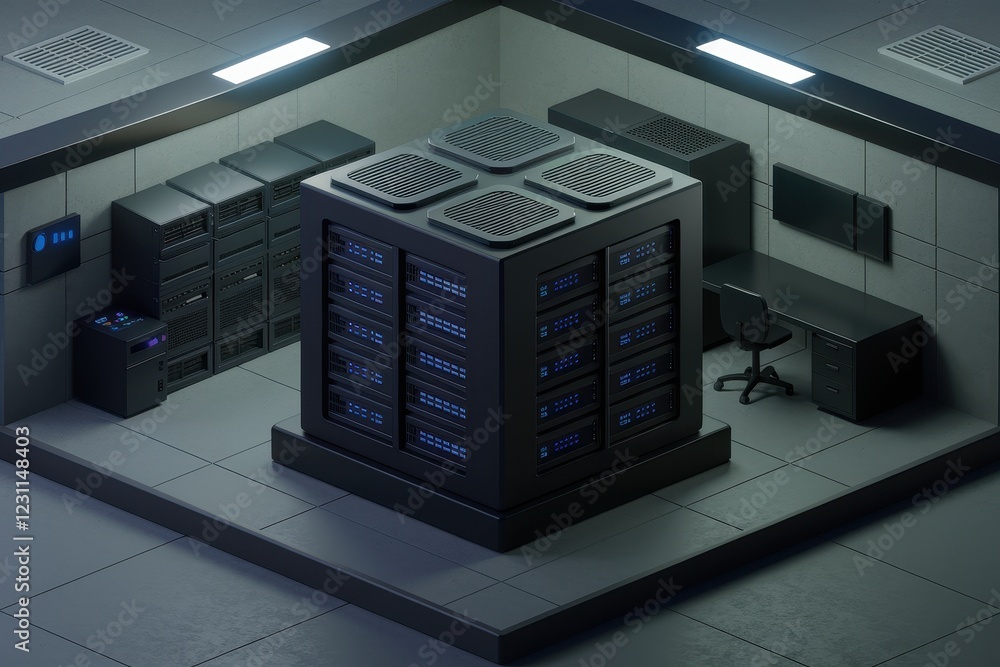Poster modern data center server room: high-tech infrastructure