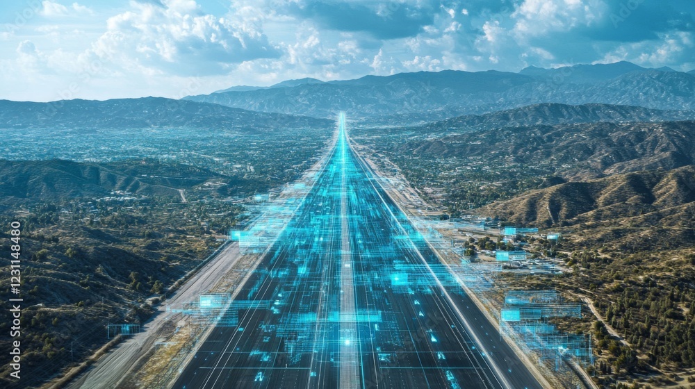 Poster aerial view of a futuristic highway with digital data streams through city and mountains