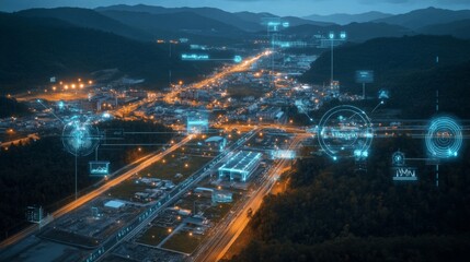 Obraz premium Aerial Night View of City with Futuristic Digital Network Overlay
