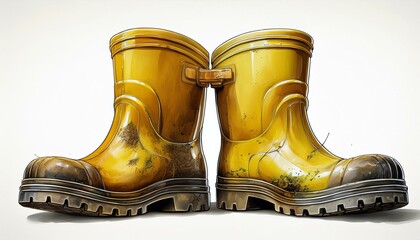 pair of boots isolated on white. Yellow rubber boots isolated on white background. Dirty boots. ( Clipping path )