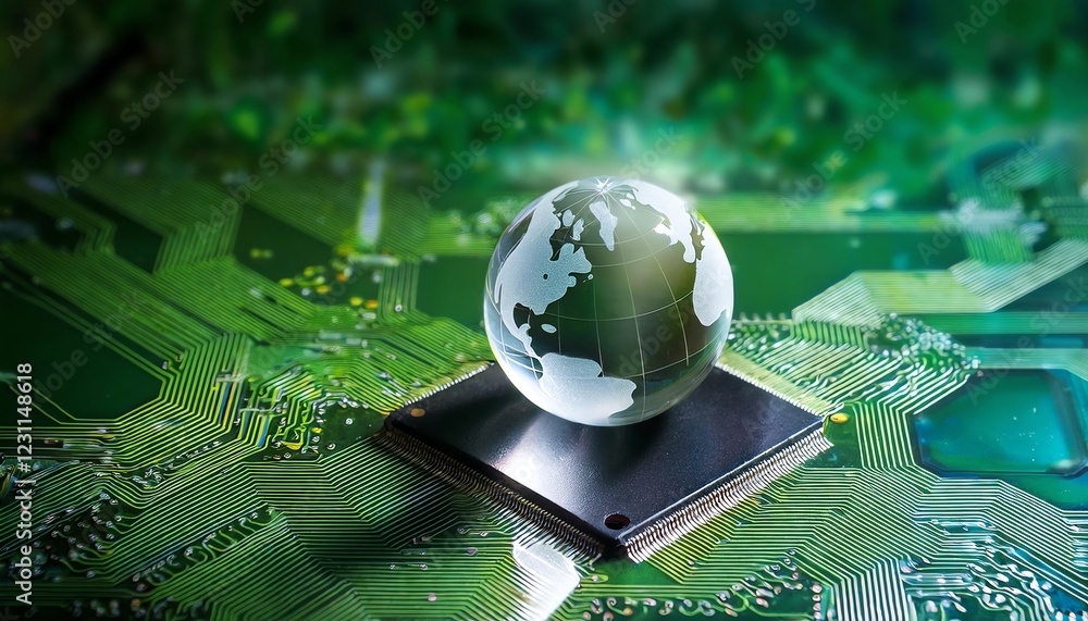 Poster a digital globe sits atop a microchip, symbolizing the intersection of technology and global connect