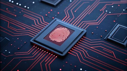 Abstract Digital Circuit with Fingerprint Symbol on Dark Background for Security Technology