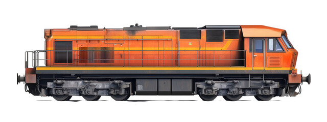 Diesel locomotive in vibrant orange color, isolated on transparency background, showcasing its industrial design and powerful structure. Ideal for transportation and engineering themes