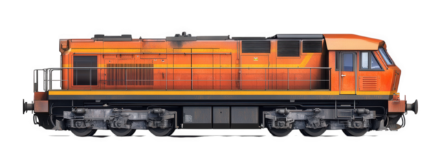 Diesel locomotive in vibrant orange color, isolated on transparency background, showcasing its industrial design and powerful structure. Ideal for transportation and engineering themes