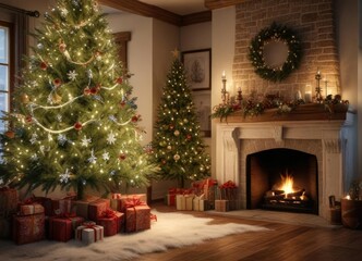 Snowflakes gently fall around a beautifully decorated Christmas tree placed near a fireplace , snowflake, winter scene