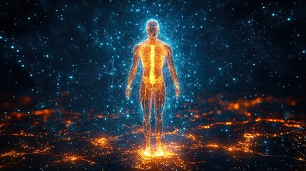 Fototapeta premium An artistic glowing depiction of the human nervous system on a dark backdrop