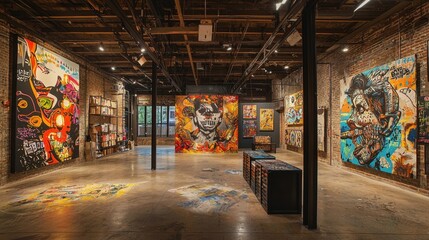 Obraz premium Vibrant Urban Art Gallery with Colorful Street Art Murals Displayed