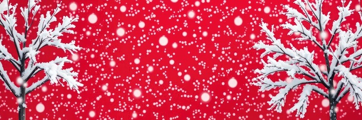 Snowy Christmas scene with red background, pine trees, festive atmosphere, wintery scene