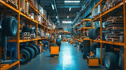 Fototapeta premium Warehouse Interior with Shelves Full of Tires and Equipment
