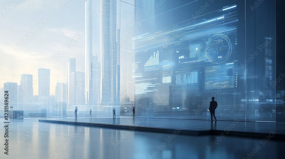 Poster futuristic cityscape at dawn: silhouetted figures observe data visualizations on a glass building