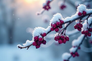 Snowy tree branch with clusters of dark purple berries, , purple berry bushes, frosty mornings