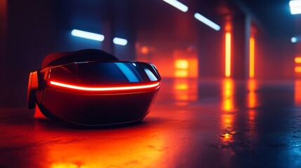 Obraz premium Futuristic VR Headset in Neon Lit Corridor