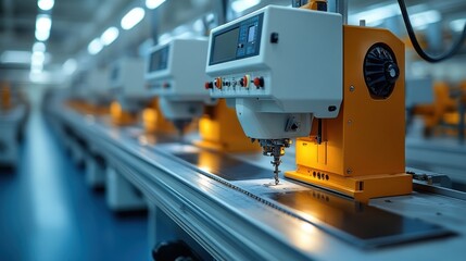 Fototapeta premium Textile factory with robotic fabric cutting and sewing machines.