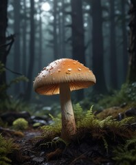 Fototapeta premium Softly lit glowing mushroom on a dark forest floor, mushroom, darkness