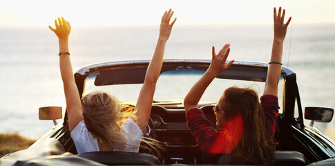 Back, freedom and road trip with woman friends in convertible for adventure, break or travel....
