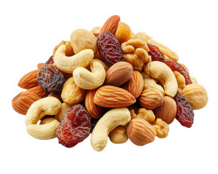 trail mix with variety of nuts and dried fruits, showcasing colorful and healthy snack option. Perfect for energy boosts and nutritious snacking