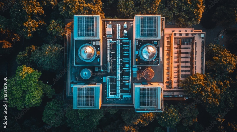 Poster aerial view of a complex building structure with geometric roof design