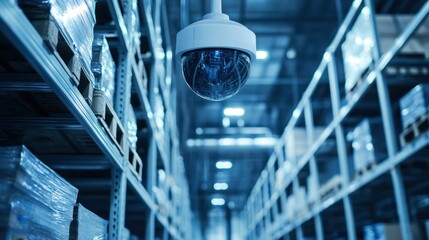 Obraz premium Surveillance Camera Hanging in Modern Warehouse with Aisles